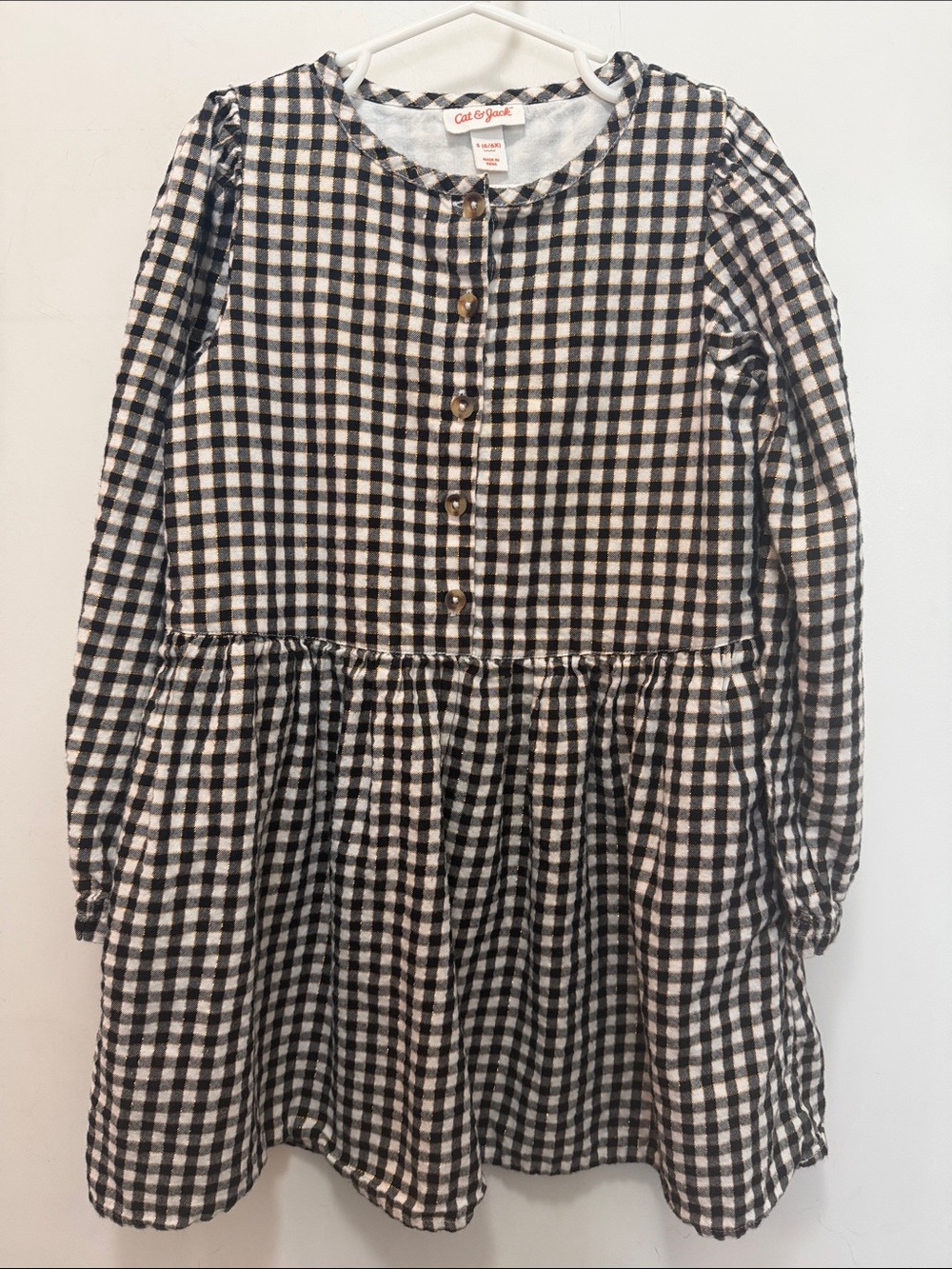 Cat & Jack Black and White Gingham Button-Front Long Sleeve Dress With Pockets